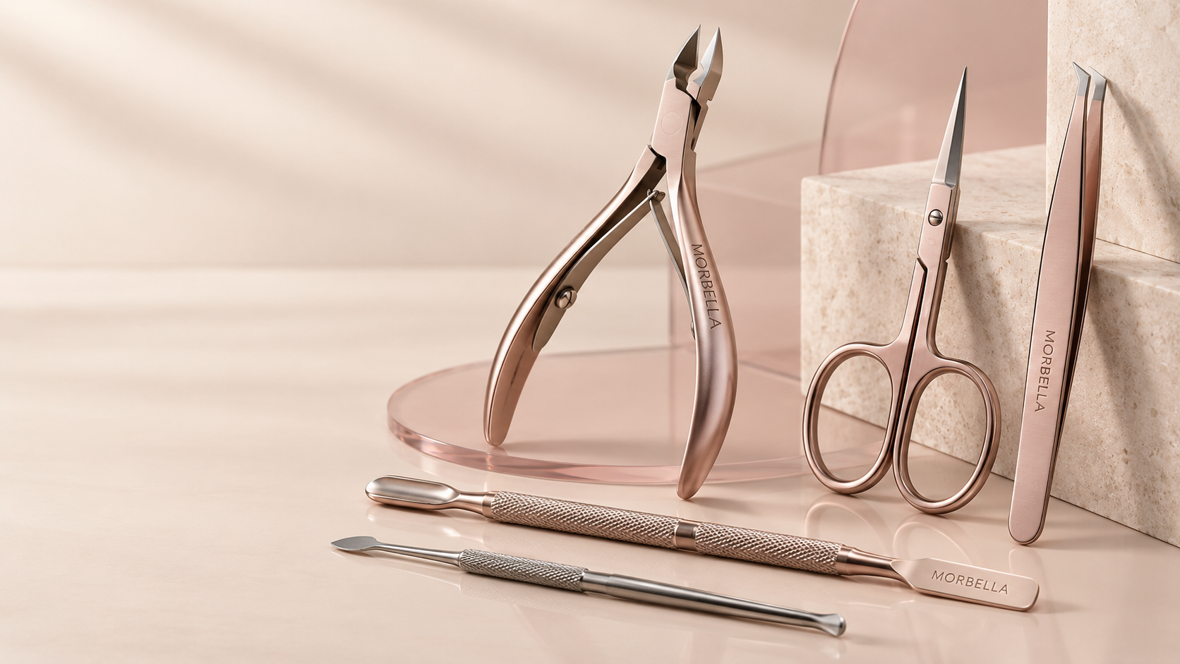 Morbella rose-tone tweezers with laser mark