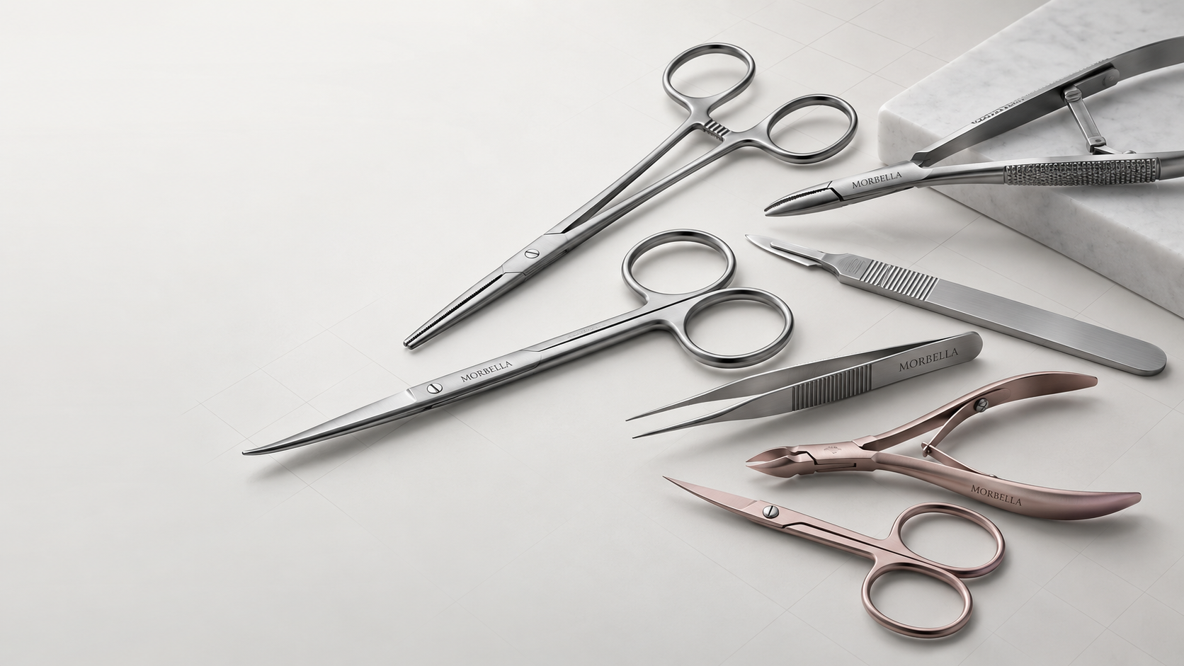 Morbella surgical steel scissors and forceps with rose-gold beauty tweezers, laser-marked MORBELLA